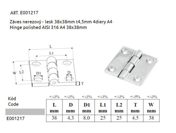 Hinge polished AISI 316 A4 38x38mm_2